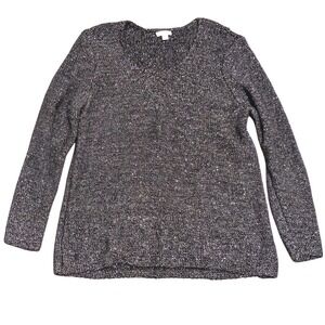 J.JILL Black Silver Tunic SWEATER Womens L LARGE P Petite Metallic Holidays